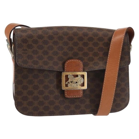 CELINE Macadam Canvas Shoulder Bag Pvc Leather Brown Gold - Picture 1 of 13